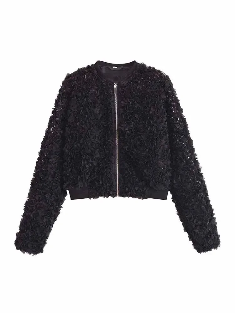 

Женская короткая куртка с многослойной текстурой, черная Повседневная куртка с круглым вырезом, винтажное пальто на молнии с длинным рукавом, шикарный топ, новинка 2024