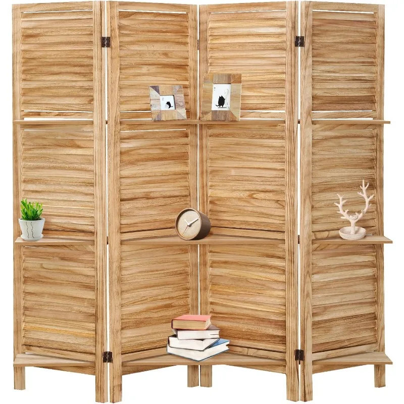 

4 Panel Room Divider with Shelves 5.6Ft Wood Room Divider Folding Screens Wooden Wall Dividers and Folding Privacy Screens Parti