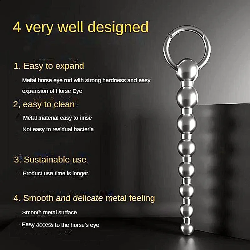 Roestvrijstalen urethrale massagekralen, functioneert als SM-inbrengkatheter in combinatie met een metalen penisplug voor mannelijk seksspeeltje._voghion.com