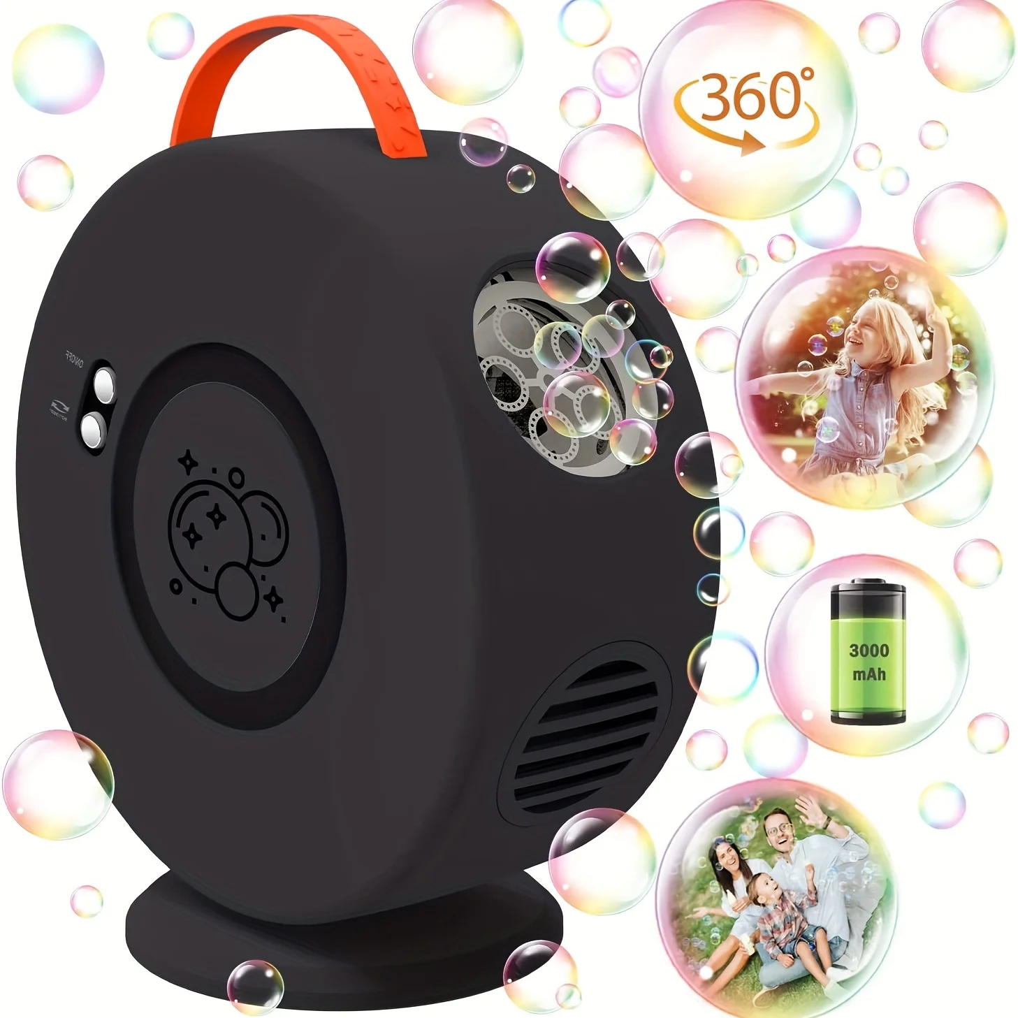 

Bubble Machine Automatic Bubble Blower Rechargeable, 90° 360° Auto Rotatable Portable Bubble Maker Electric Bubbles Toy for Kids