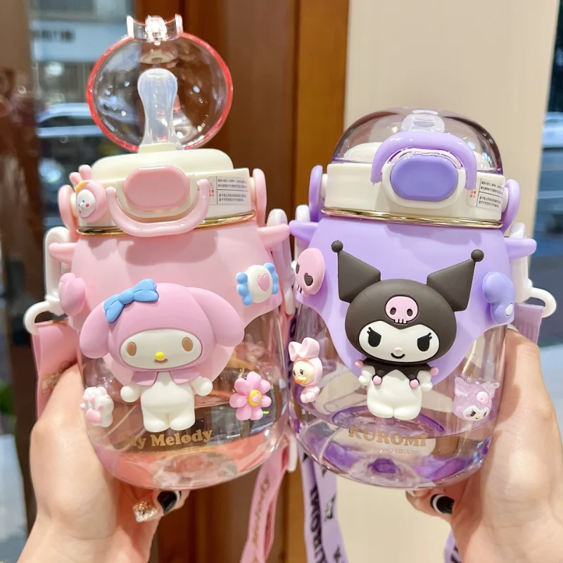 Sanrio Anime Hello Kitty Water Glass Kawaii Cartoon Cinnamoroll Kuromi  Sealed Glass Straw Cup with Lid Drink Juice Cup Girl Gift