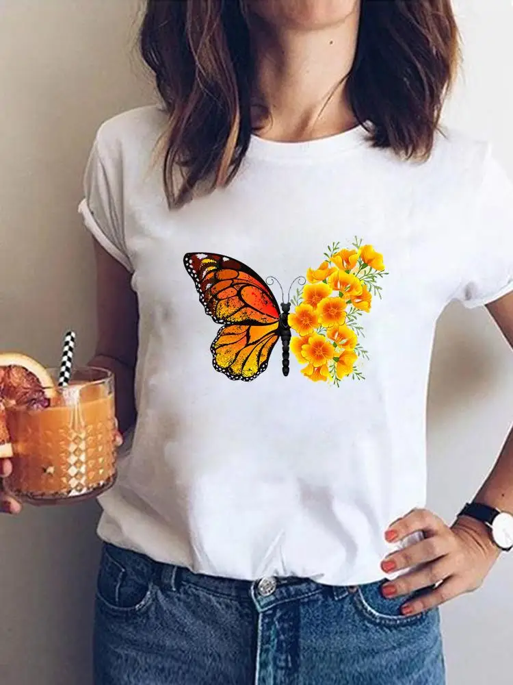 

Футболка женская летняя с коротким рукавом, модная Милая Повседневная рубашка с цветочным принтом и бабочкой, одежда с графическим принтом