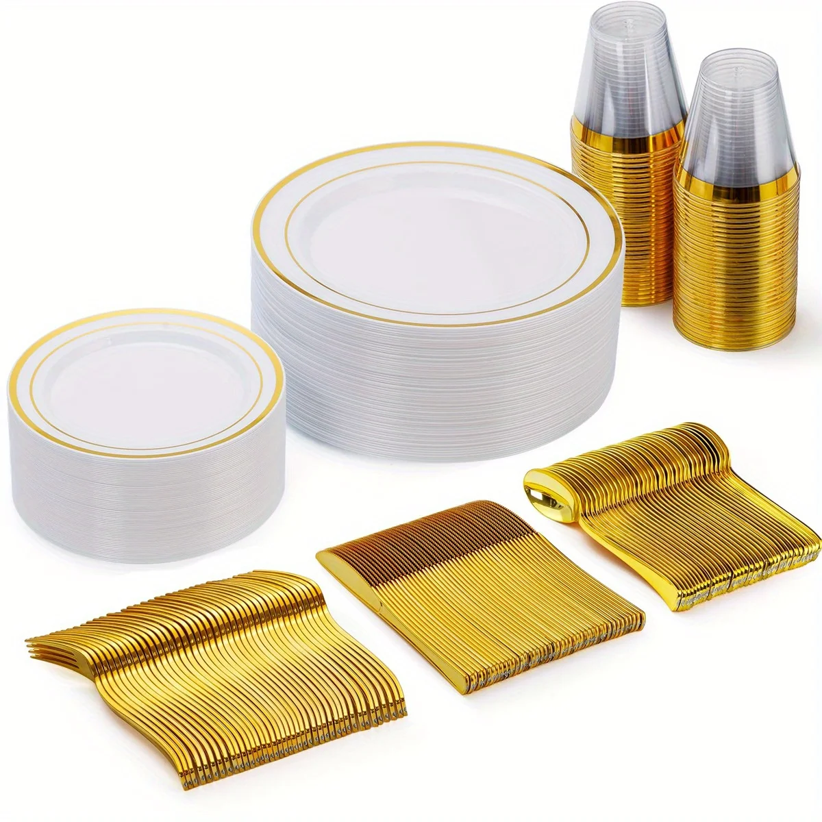 Plastic Tableware Set Golden tableware set, plastic plates for parties and weddings 10 plates 10 salad spoons forks knives, cups