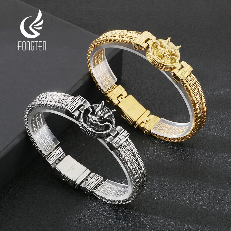 

Fongten Punk Stainless Steel Charm Bracelet For Men Dragon Head Mesh Chain Bracelet Wrist Male Bangle Waterproof Jewelry