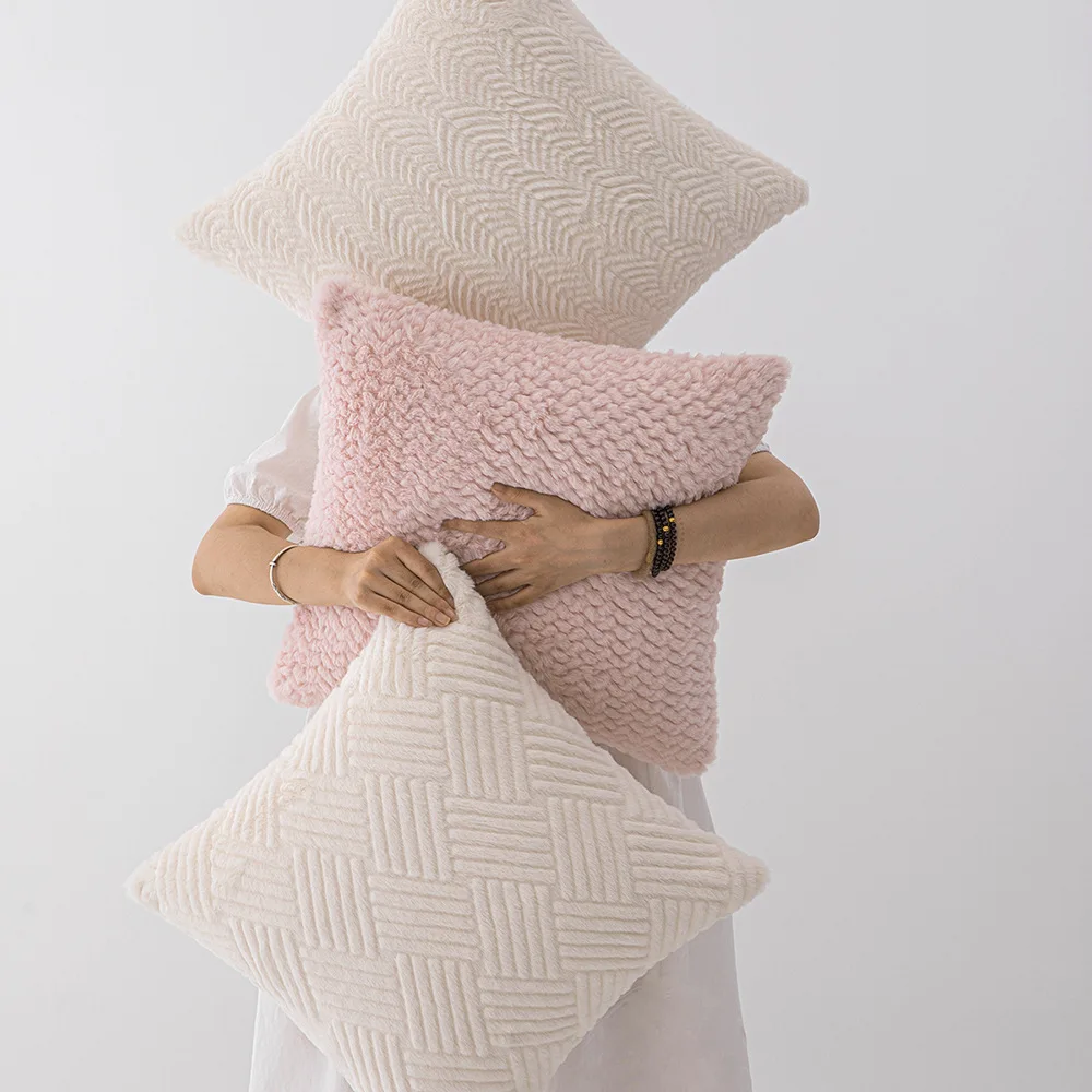 

Solid Color Plush Pillow Cover Geometric Flower Cutting Texture Pillow Cases Pillow Cover Home Living Room Sofa Cushion Cover
