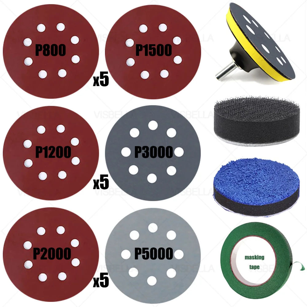 5" 125mm Polishing Disk 8 Hole 15pcs Sandpaper Polishing Wheel for Metal Wood Car Wheel Headlight Polishing Kit 800- 5000# 2