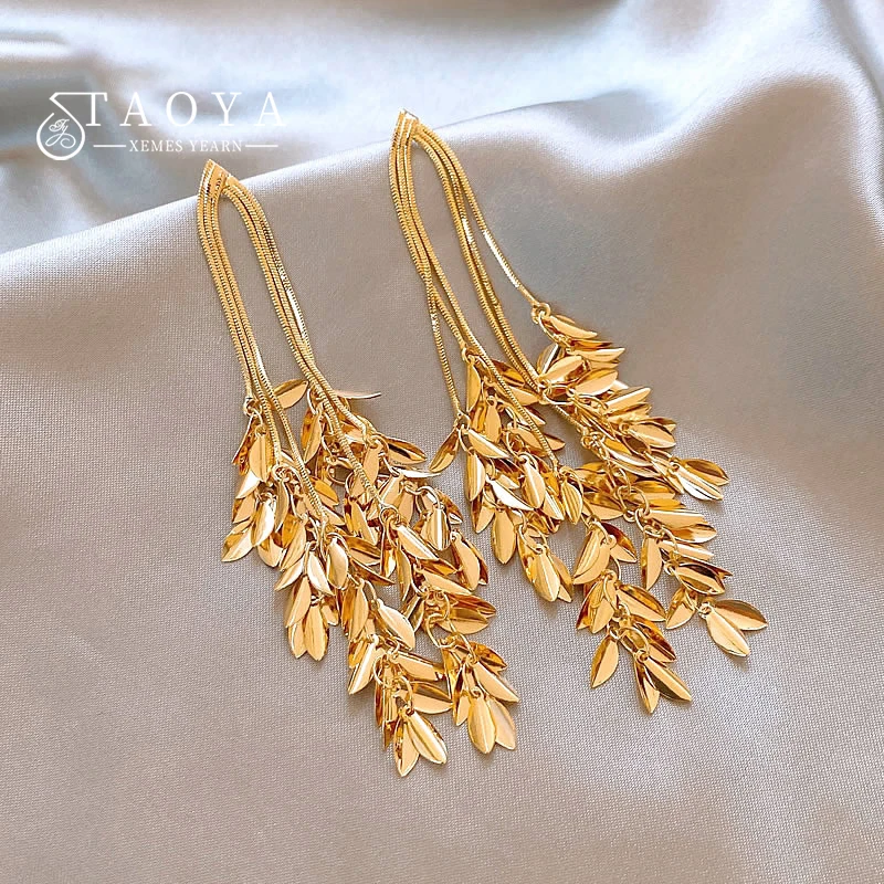 Kupferlegierung Metall Goldfarben Blatt-Quasten Lange Ohrringe Sexy Accessoires für Europäische und Amerikanische Frauen 2025 Trendiger Schmuck