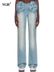 VGH Spliced Floral Appliques Denim Long Trousers For Women High Waist Patchwork Zipper Straight Casual Jeans Female Fashion New