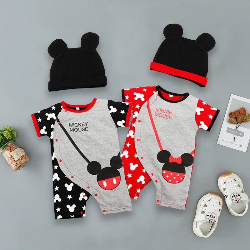 Summer Baby Rompers+Hat 2pcs Cartoon Mickey Minnie Boys Girls Jumpsuit Infant Costumes Newborn Baby Clothes Set Lovely Sets
