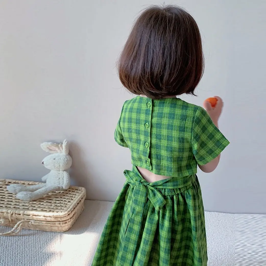 

Congme Summer Girls Fashion Clothing Dress Baby Kids Korean Style Shortsleeves Green Plaid Skirt Princess Dress