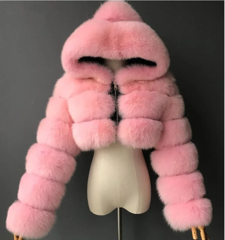 

European and American fur coat, short hooded imitation fur coat, imitation fox fur long-sleeved patchwork women's coat