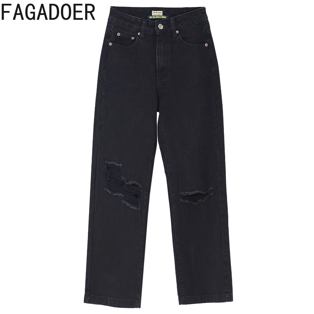FAGADOER Black Casual Hole Straight Denim Pants Women High Waist Button Loose Trousers Fashion Female Matching Trend Streetwear