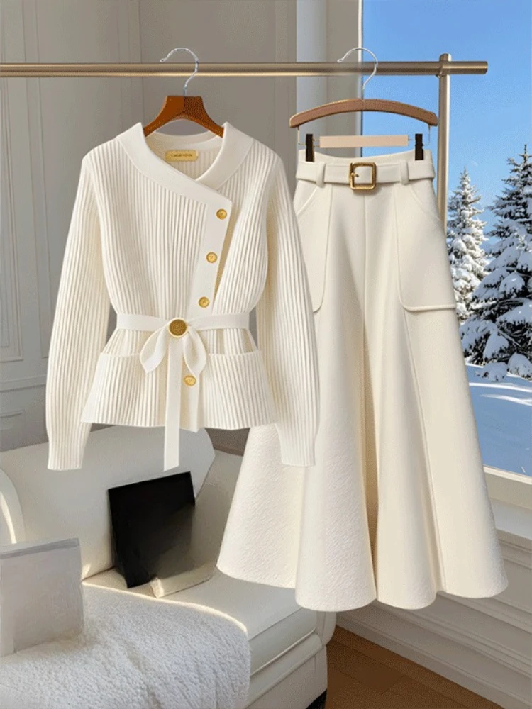 Fashion Elegant Two Piece Sets Long Sleeve Lace-up Pockets Cardigan+high Waist Long Skirts Female Slim Design Women's Clothing 1