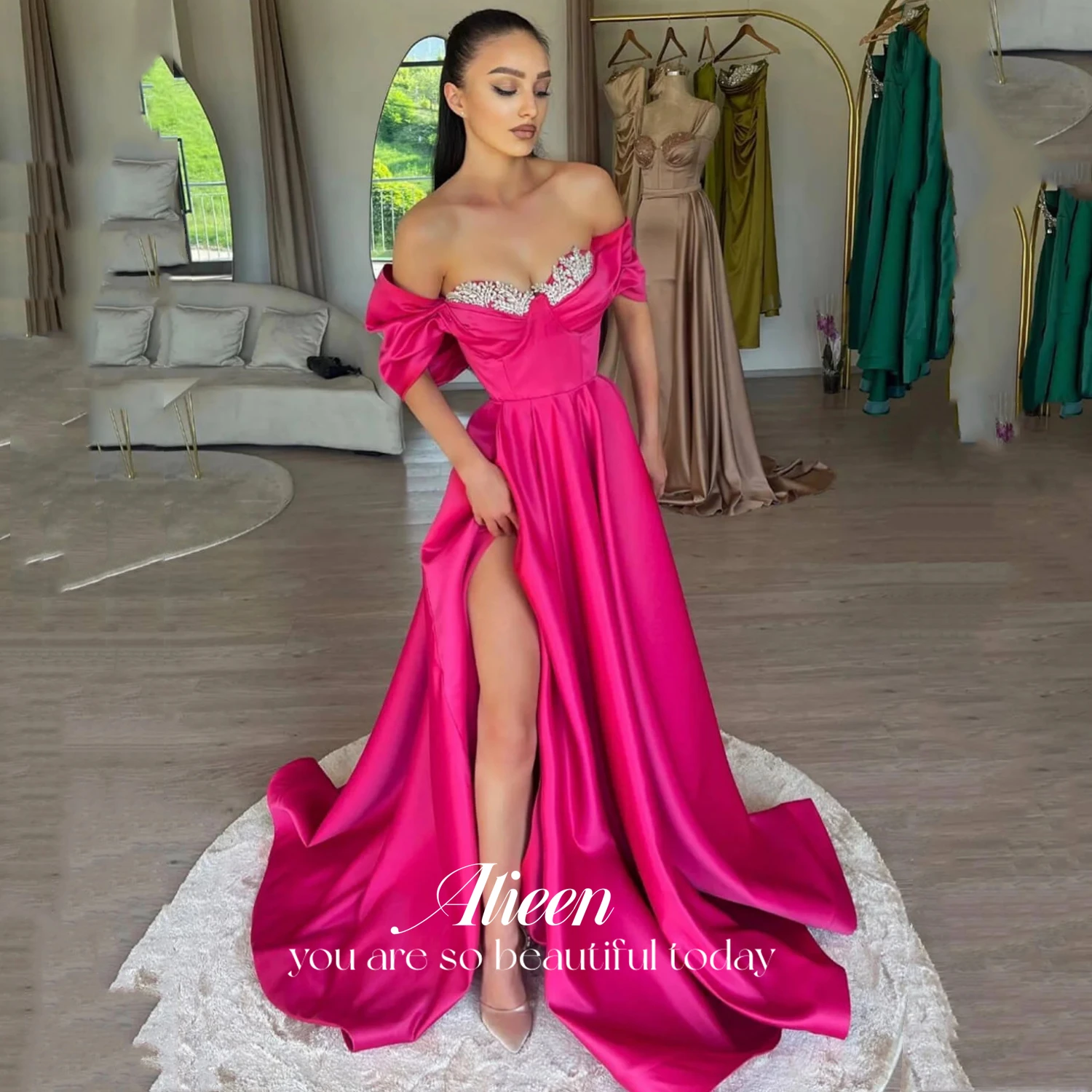 

Aileen Satin Gala Dresses Woman 2024 for Party Dress Women Elegant Luxury Shiny Decoration on Chest Ball Gown Off the Shoulders