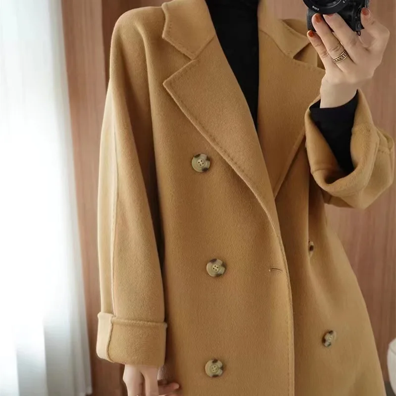 Vintage Handmade Double-sided Cashmere Coat Women Long High-end Wool Warm Jacket Winter Lapel Lace-up Outerwear