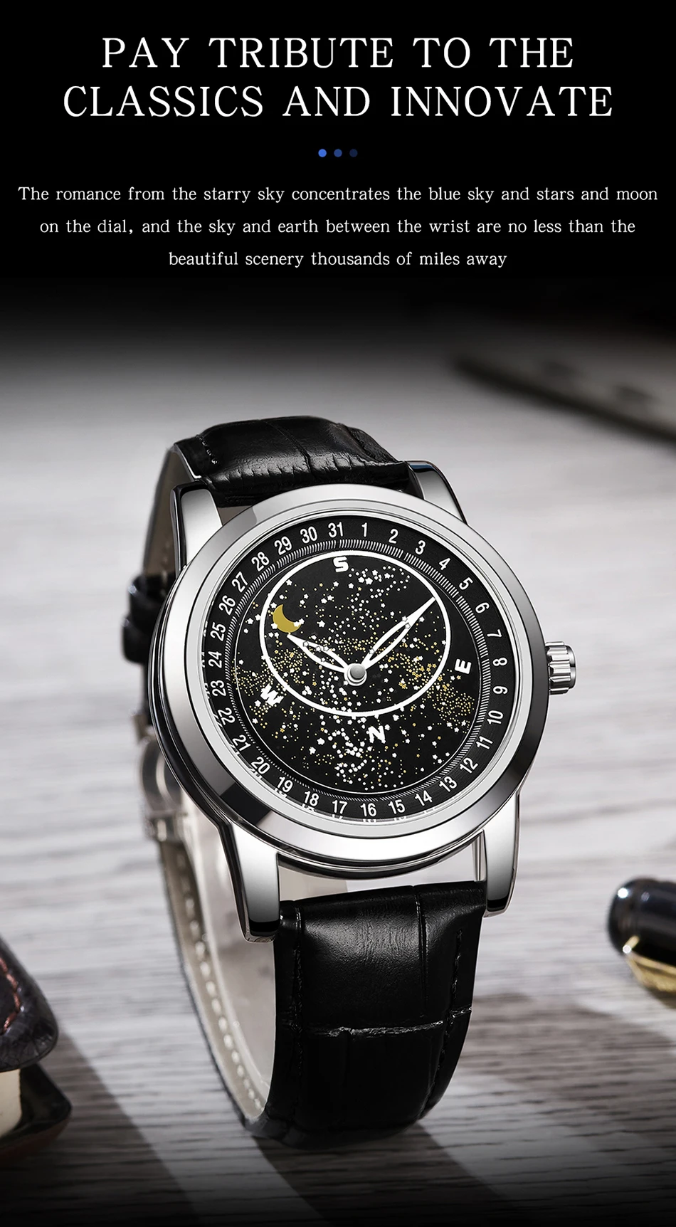 Sanda Men's Watches Quartz Men Watch Luxury Starry Sky Dial Fashion Luminous Waterproof Watches Genuine Leather Strap For Men 7002