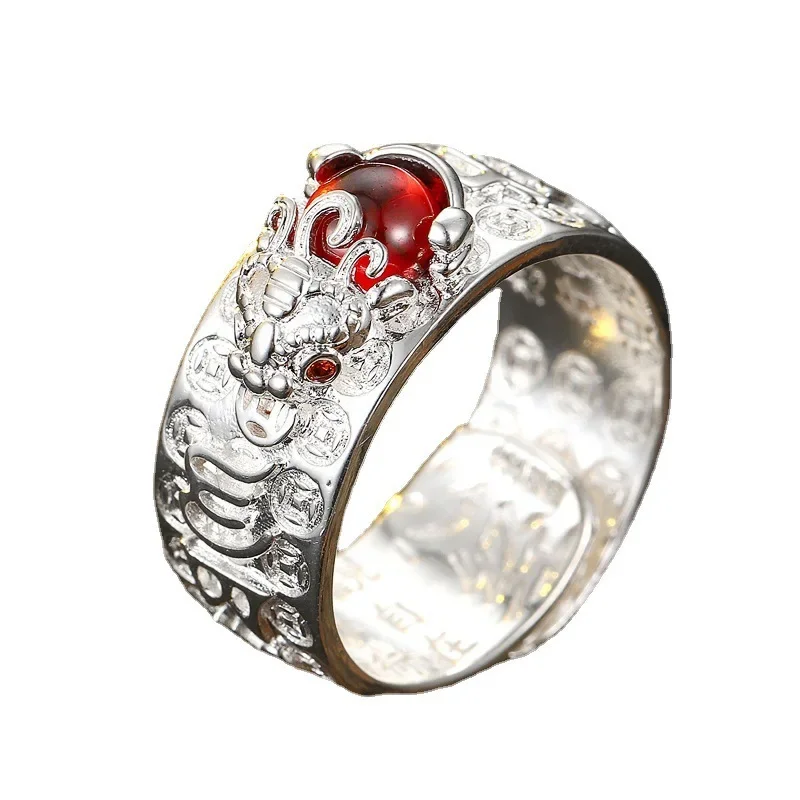 Elegant Red Garnet Heart Sutra Ring in Vintage Thai Silver and Rose Gold Jewelry