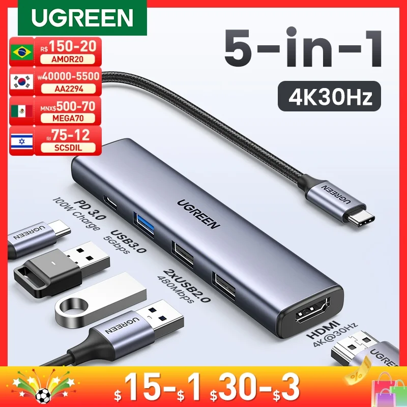 UGREEN 맥북 프로 에어, 아이패드 프로, 아이맥, 아이폰 15 프로, 프로 맥스, XPS용 멀티 포트 어댑터, USB C 허브, 4K HDMI, 100W, 5 인 1