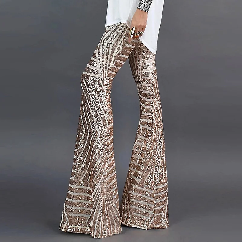 

Sequin High Waist Skinny Flare Pants Streetwear Wild Basic Slim 2023 Trend Patchwork Pants Casual Pants Summer New Women's Pants