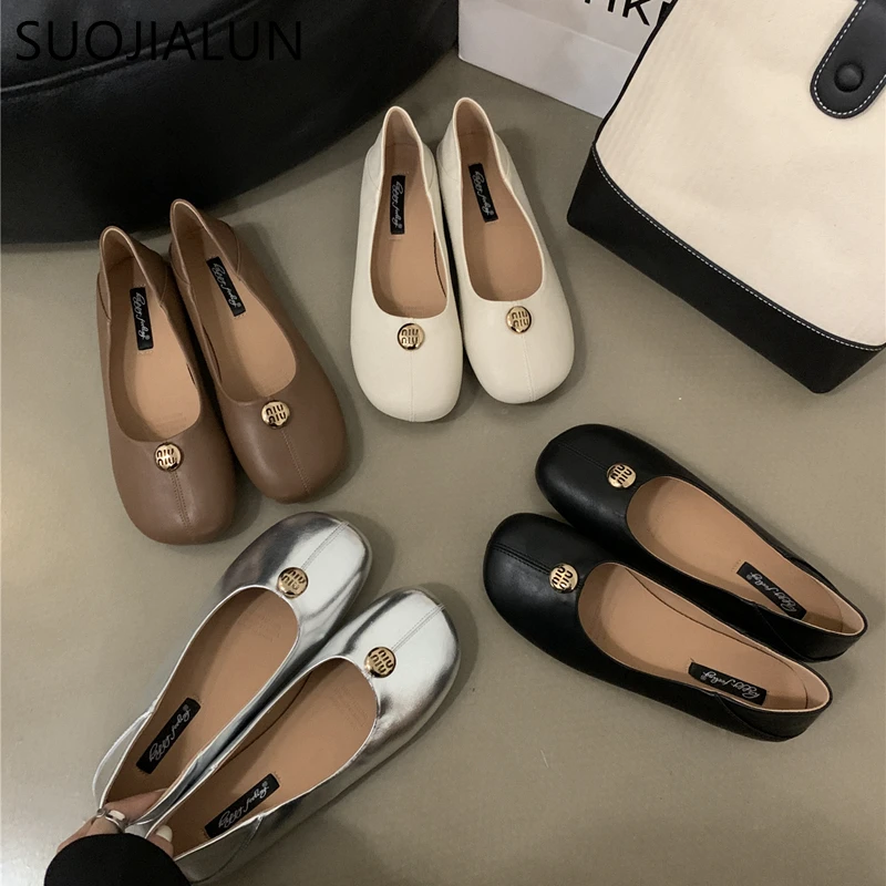

SUOJIALUN 2023 Autumn New Women Flat Shoes Fashion Round Toe Shallow Slip On Ladies Casual Ballet Shoes Flat Soft Ballerina Shoe