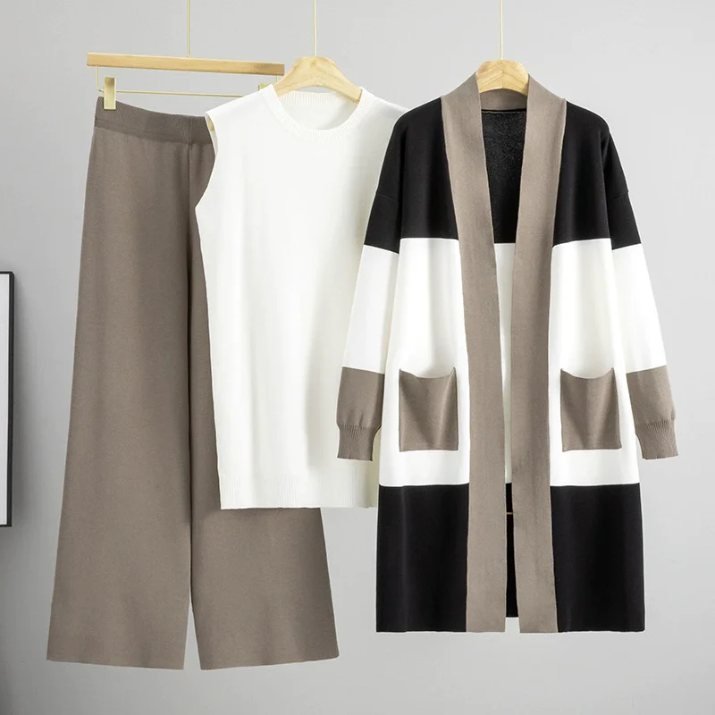 الكورية تصميم محبوك 3 قطعة مجموعات النساء سترة بيض...