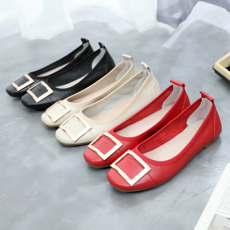 Top Layer Cow Genuine Leather Shoes Elegant Lady Shallow Mouth Soft Sole Single Shoes  Relax Lazy Casual Driving Shoes