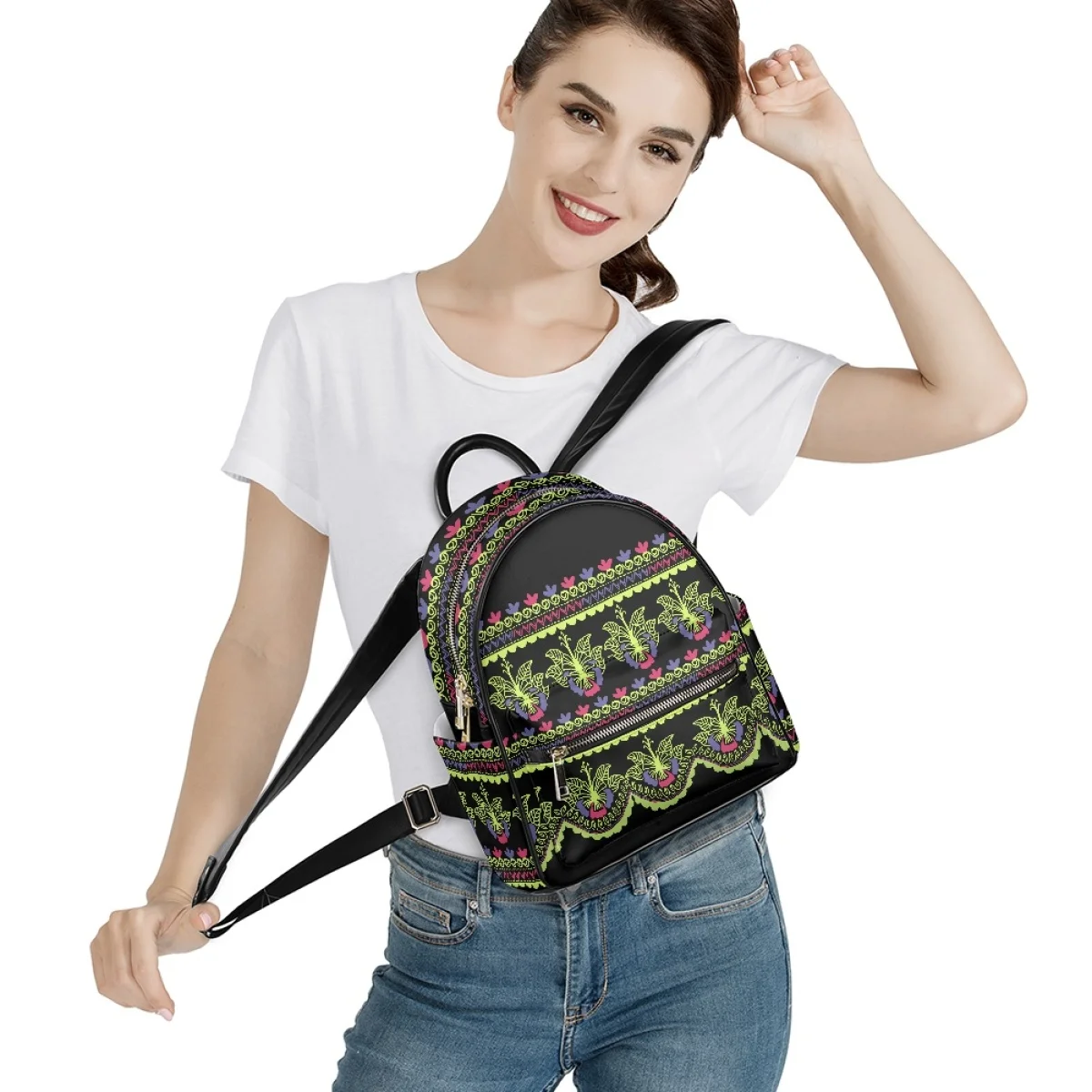 New Fashion Women Backpack Polynesian Tribal Plumeria Hibiscus Print PU Leather Backpack for Teenage Girls 5