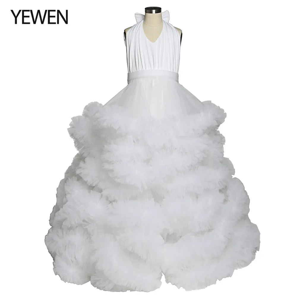 

2021 V Neck Flower Girl Dresses First Communion Dresses for Girls Photo Shoots Soft Tulle Princess Birthday Party Dress YEWEN