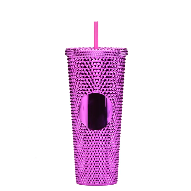 24Oz Matte Glow Inlaid Cup Plastic Coffee Cups With Straw Lids Double Wall Gradient Durian Cup Large Capacity Drinking Cup