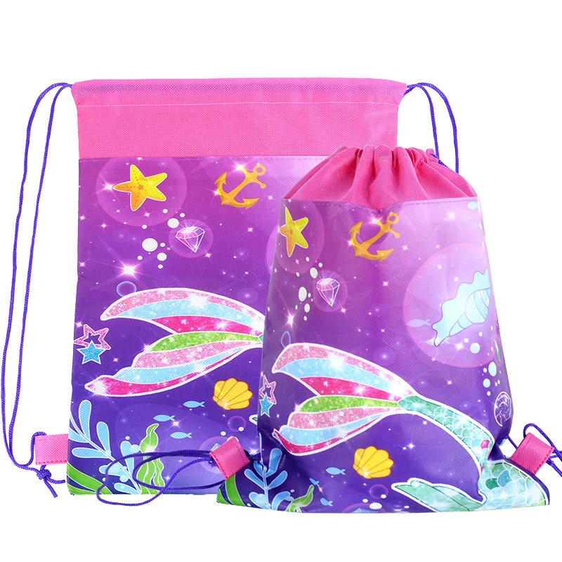 3Pcs 34*27cm Girls Mermaid Tail Non-Woven Fabrics Drawstring Backpack Candy Snack Packing Bag For Kids Birthday Gift Baby Shower