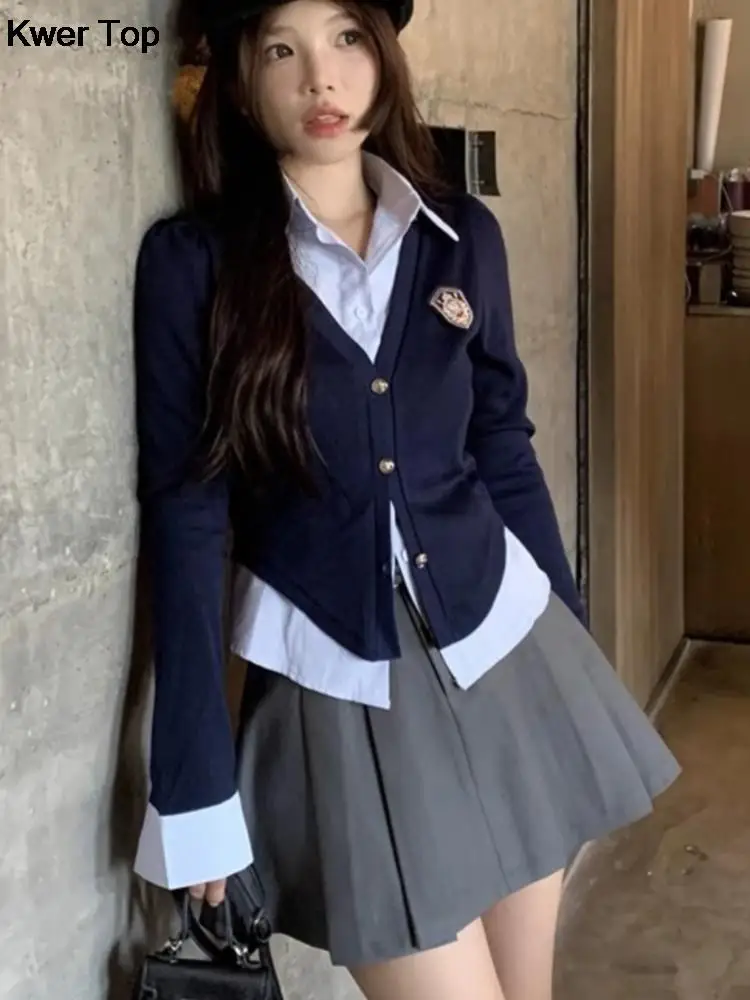 

Korean Fashion Preppy Style Uniform Set Women Patchwork Shirt Mini Pleats Skirt 2 Piece Suit Spring Autumn Sweet Girl Outfits