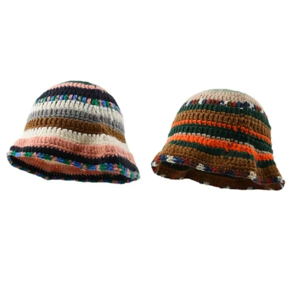 

Fisherman Hat Women Spring Autumn Retro Versatile Dome Fashion Short Brim Bucket Cap Japanese Handmade Crochet Colorful Striped