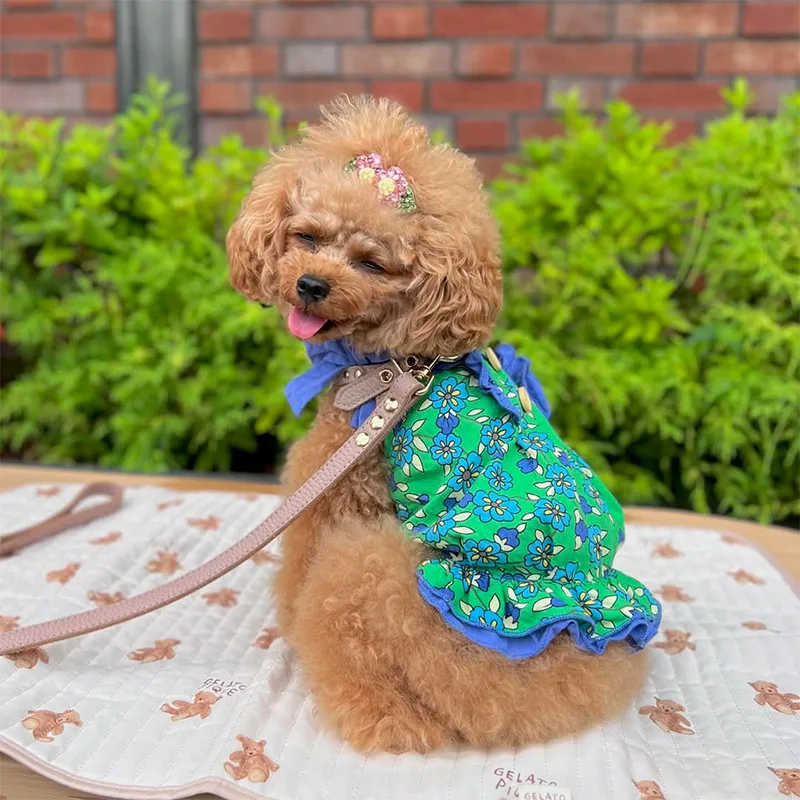 Pet Dog Maltese Teddy Vest Cotton Floral Bow Stand-up Collar Dress