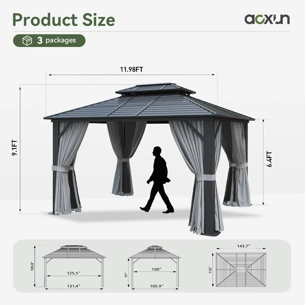 10'x 12' Hardtop , Outdoor Dual-Layer Galvanized Steel Double Roof Canopy with Netting and Curtains, Gazebos 3