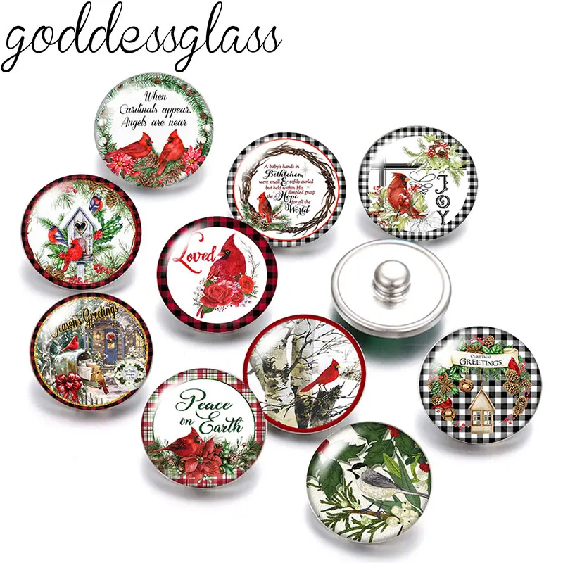 

New Merry Christmas Red Birds Cardinal 10pcs Round photo 12mm/18mm snap buttons for 12mm/18mm snap necklace DIY findings jewelry