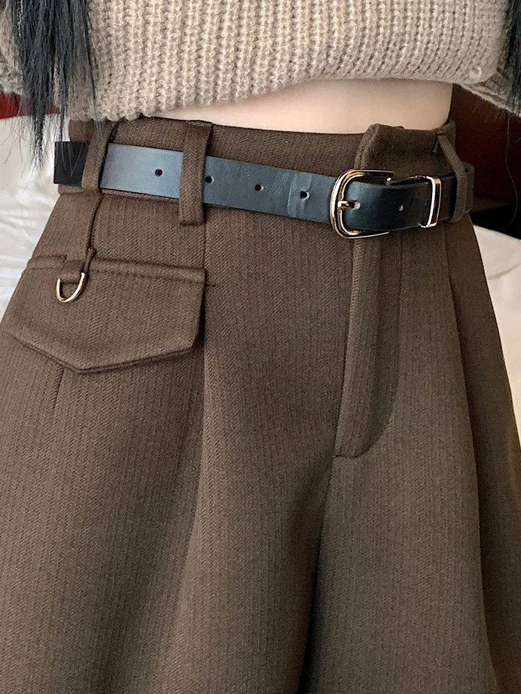 QOERLIN Elegant Women Elegant High Waist Pleated Straight Leg Shorts with Pockets Autumn Winter 2024 New Woolen Shorts with Belt