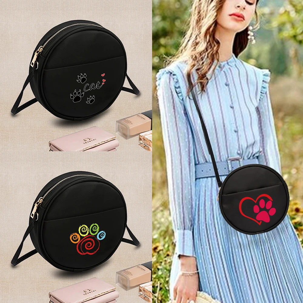 

Circular Bag Woman Fashion Outdoor Travel Shoulder Crossbody Bags Footprints Print Handbag Shopping Coin Purse Round Key Case