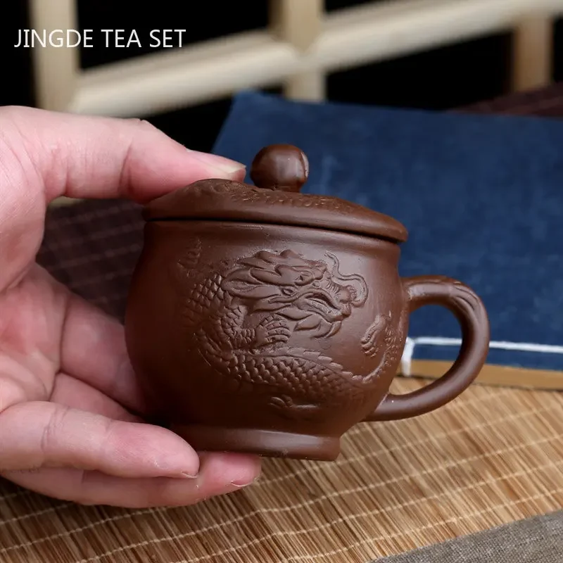 Yixing Purple Clay with Handle Teacup Handmade Dragon Pattern Master Cup Office Portable Tea Cup Tea Maker Personal Single Cups