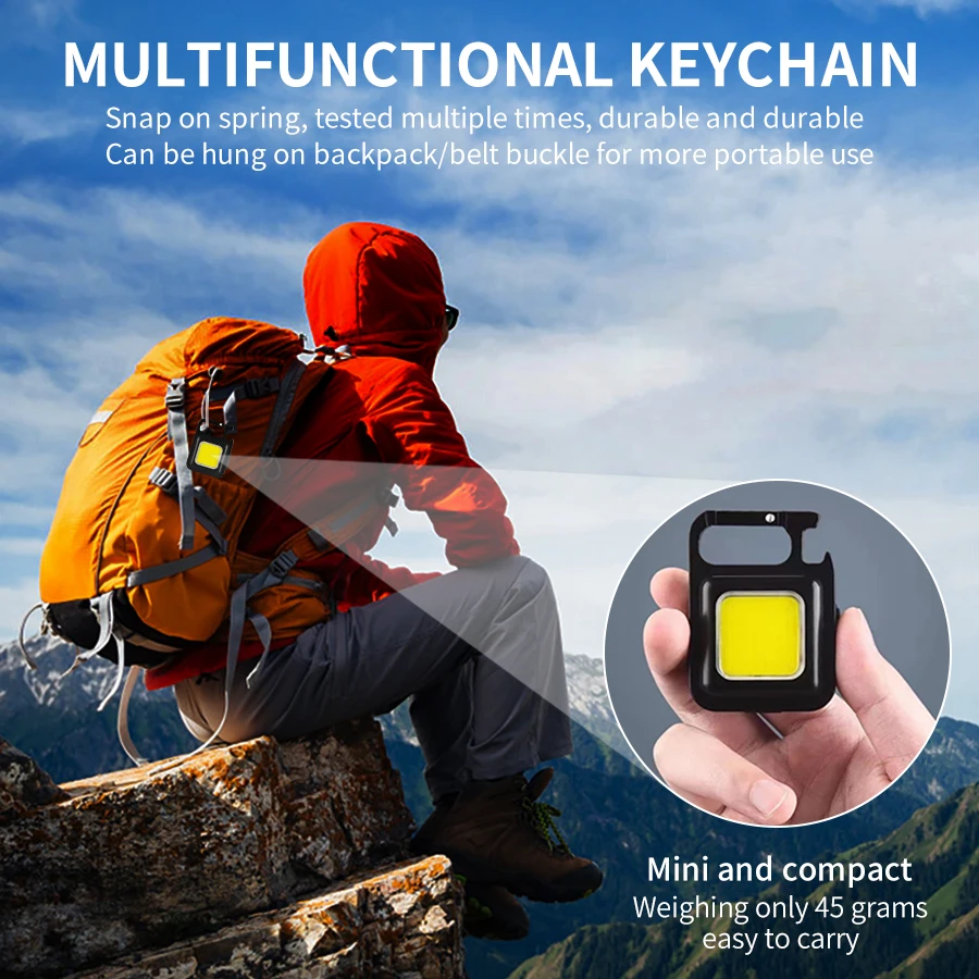 1/3/5pcs Portable COB Keychain Work Lights 500LM Rechargeable Mini LED Flashlight Outdoor Camping Light Fishing Hiking Lantern