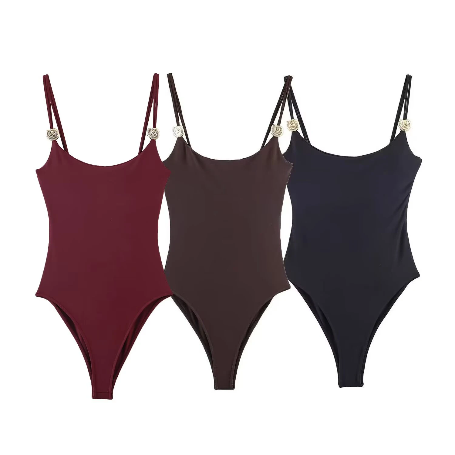 Spring new women's slim fit round neck sleeveless spaghetti strap shell decoration jumpsuit