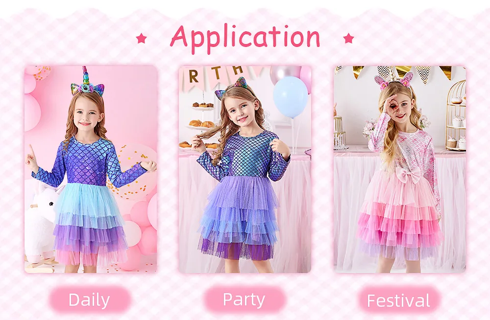 VIKITA Kids Tutu Dress for Girls Long Sleeve Party Prom Vestidos Toddlers Mermaid Unicorn Dresses Kids Princess Autumn Dress western dress