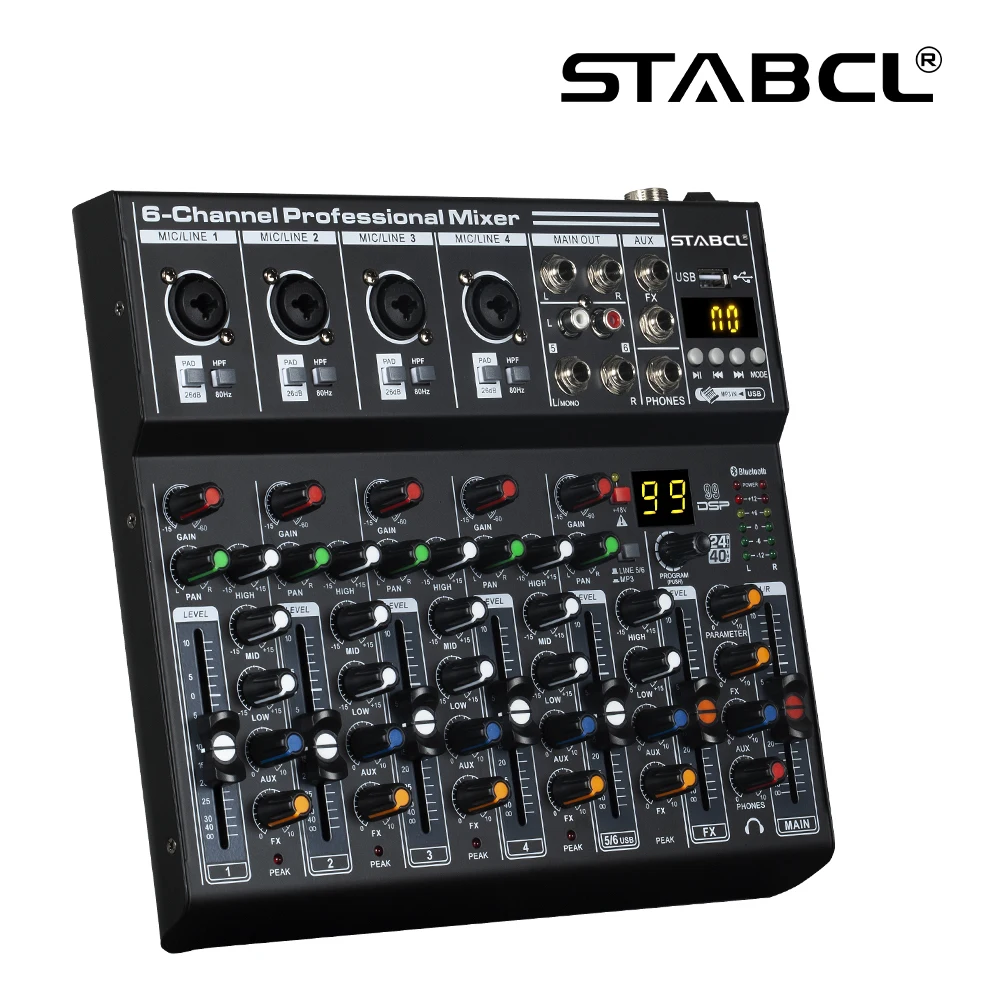 

ST-6M Mini 6 Channel Sound Mixer Bluetooth Audio Mixing Console 48V 99DSP Professional USB PC Play Record Podcast