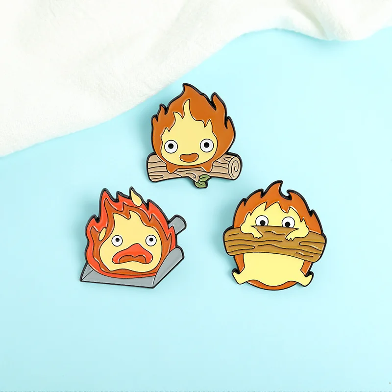 2023 Calcifer Enamel Pin Custom Fire Elf Japanese Anime Brooches Anime Brooch Lapel Badge Cartoon Jewelry Gift for Kids Friends