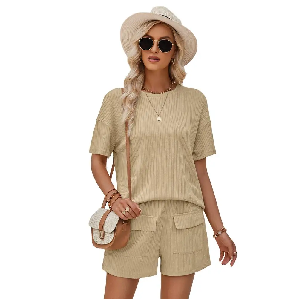 Women 2 Piece Lounge Sets Summer Casual Short Sleeve Round Neck Ribbed Top Matching Shorts With Pockets