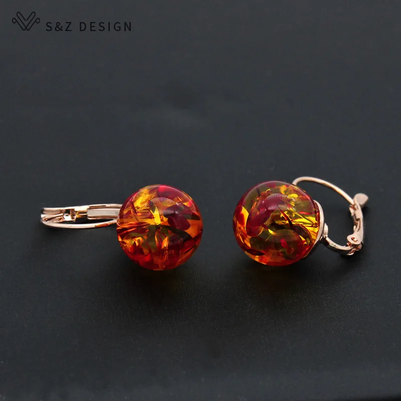 S&Z DESIGN New Fashion Round Imitation Flower Ambers Dangle Earrings For Women Jewelry 585 Rose Gold Color Eardrop Gift