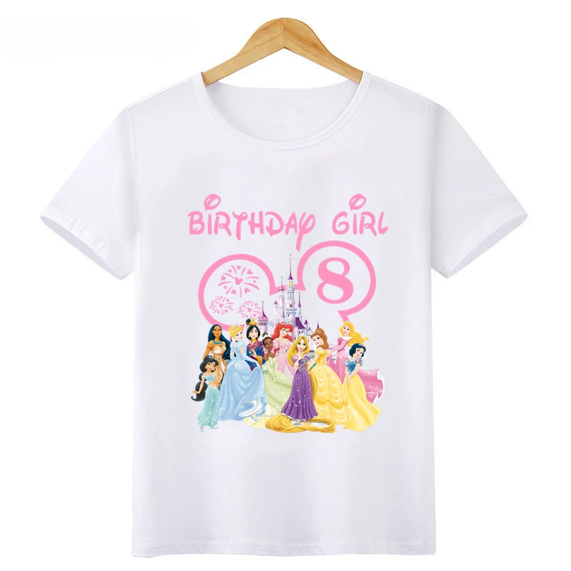2024 New Disney Princess Graphic Birthday Girl Kids T Shirt Age 1 2 3 4 5 6 7 8 9 Years Girls Clothes Party Kawaii Baby T-Shirts 4