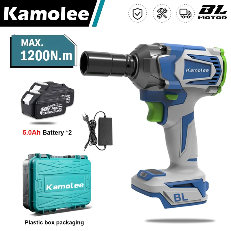Kamolee 전기 렌치 DTW500 브러시리스 무선 1200 N.m 배터리 및 충전기 포함, 18V 마키타 배터리와 호환 가능