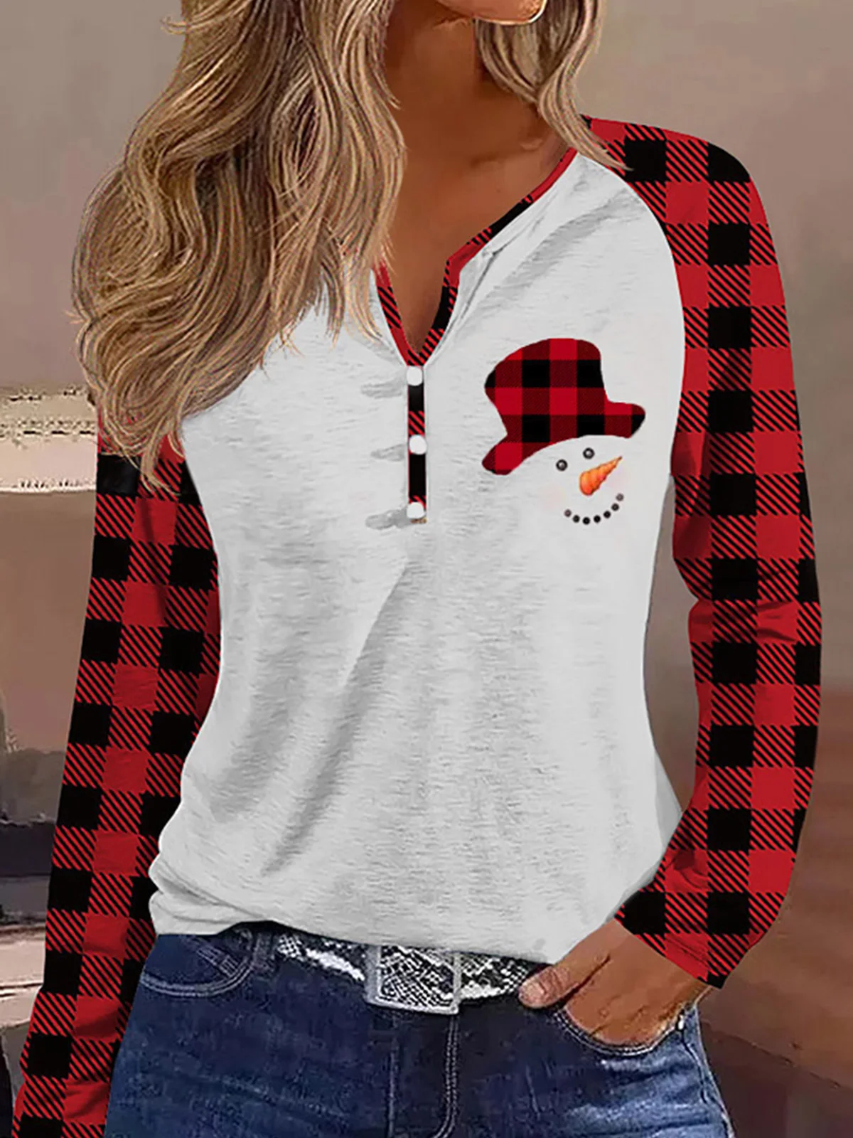 

Women Christmas Snowman Buffalo Plaid Raglan Sleeve Blouse Female Korean Fashion Shirt Tops Casual Outwear Vintage Femme Blusas