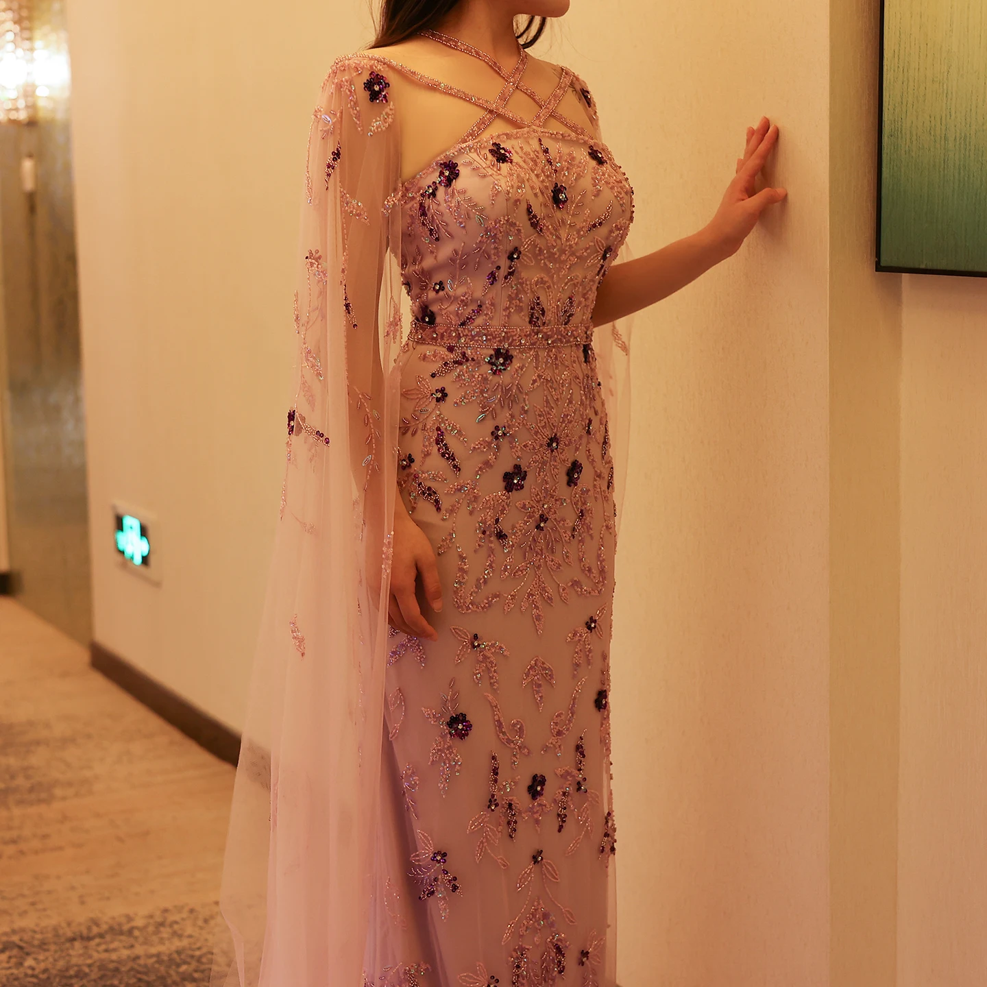 Luxury Dubai Lilac Arabic Evening Dresses with Cape Sleeves Criss Cross Elegant Arab Women Wedding Party Gowns 370 3 Luxury Dubai Lilac Arabic Evening Dresses with Cape Sleeves Criss Cross Elegant Arab Women Wedding Party Gowns 370 3
