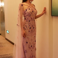 Luxury Dubai Lilac Arabic Evening Dresses with Cape Sleeves Criss Cross Elegant Arab Women Wedding Party Gowns 370 1